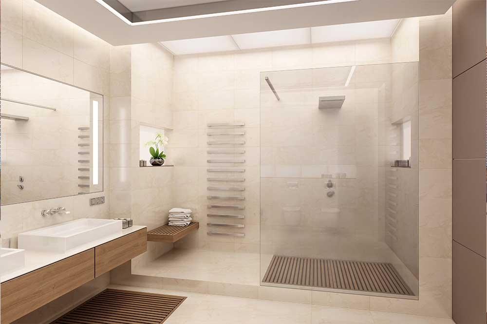 Pale tiled walk-in shower with timber vanity and recessed shelves