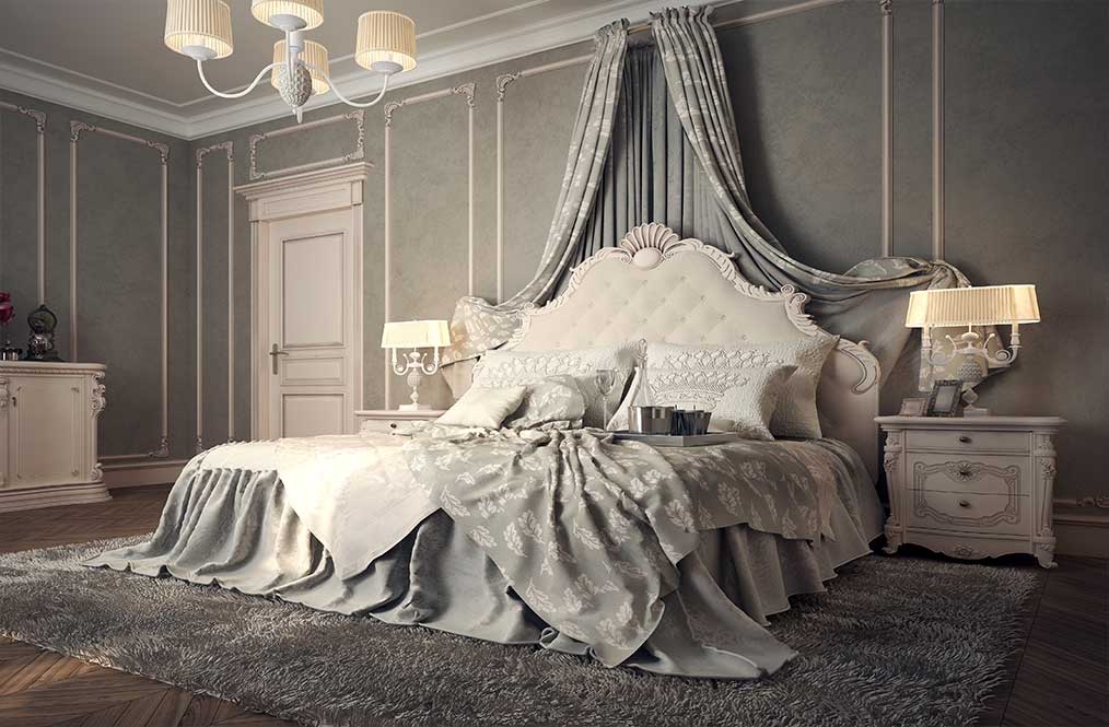 Bedroom with a draped feature bed, wall panelling, and fitted wardrobes
