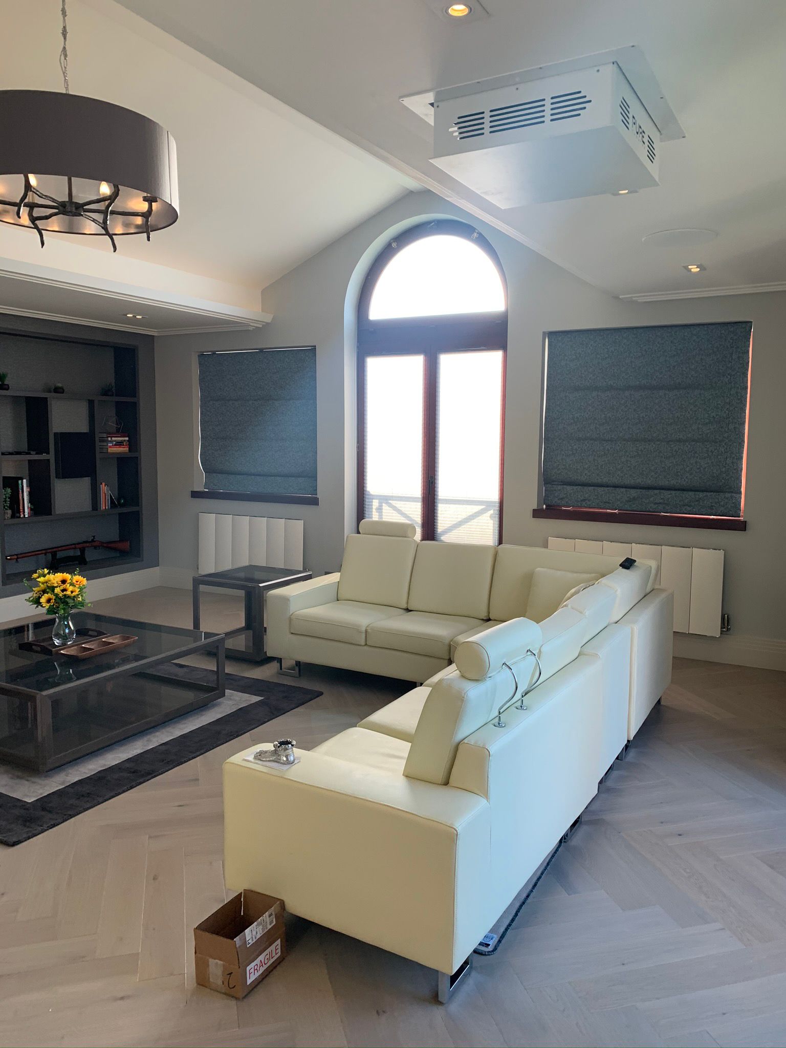 Furnished living room with pale sofas and built-in media storage