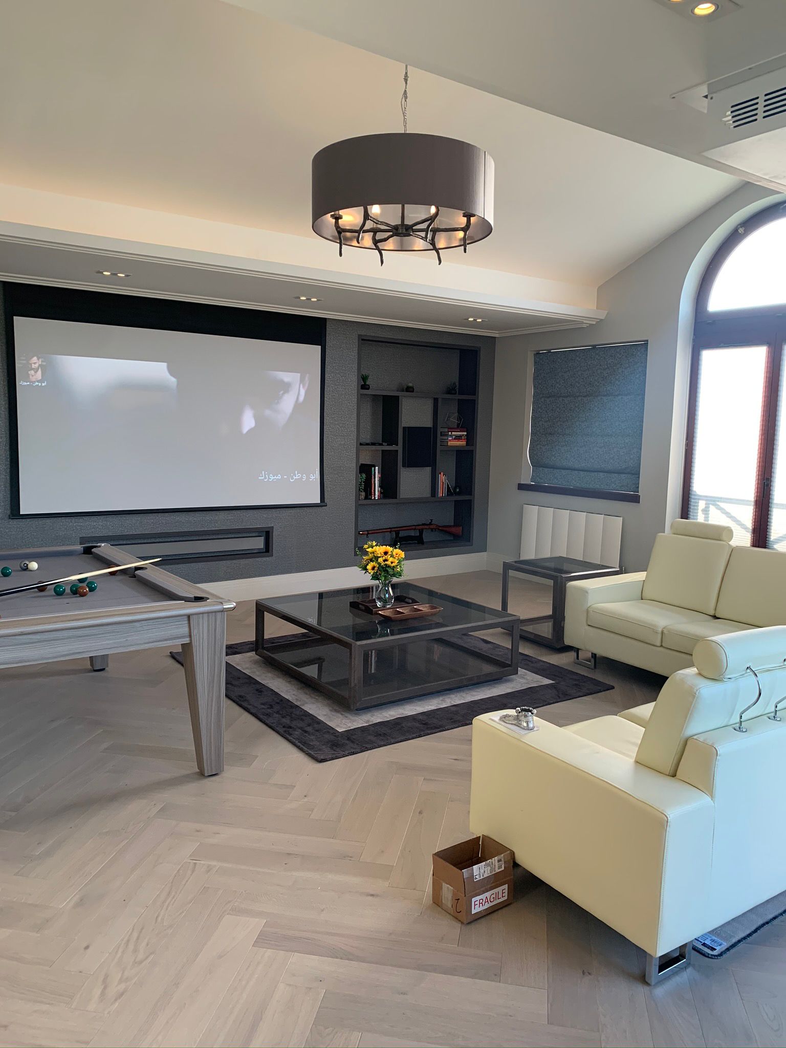Living room with projector screen, display shelving, and pale sofas